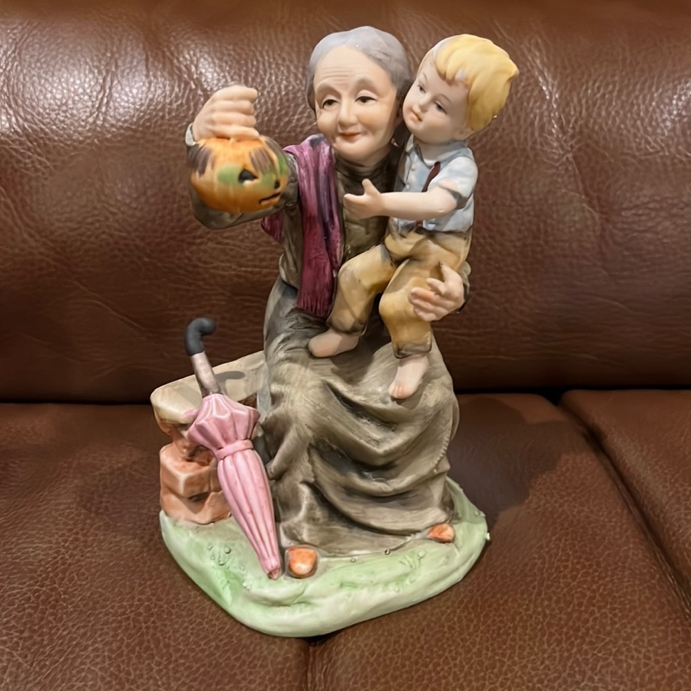 Japanese Vintage Bisque Porcelain Grandma & Child 6 1/2” Tall Figurine